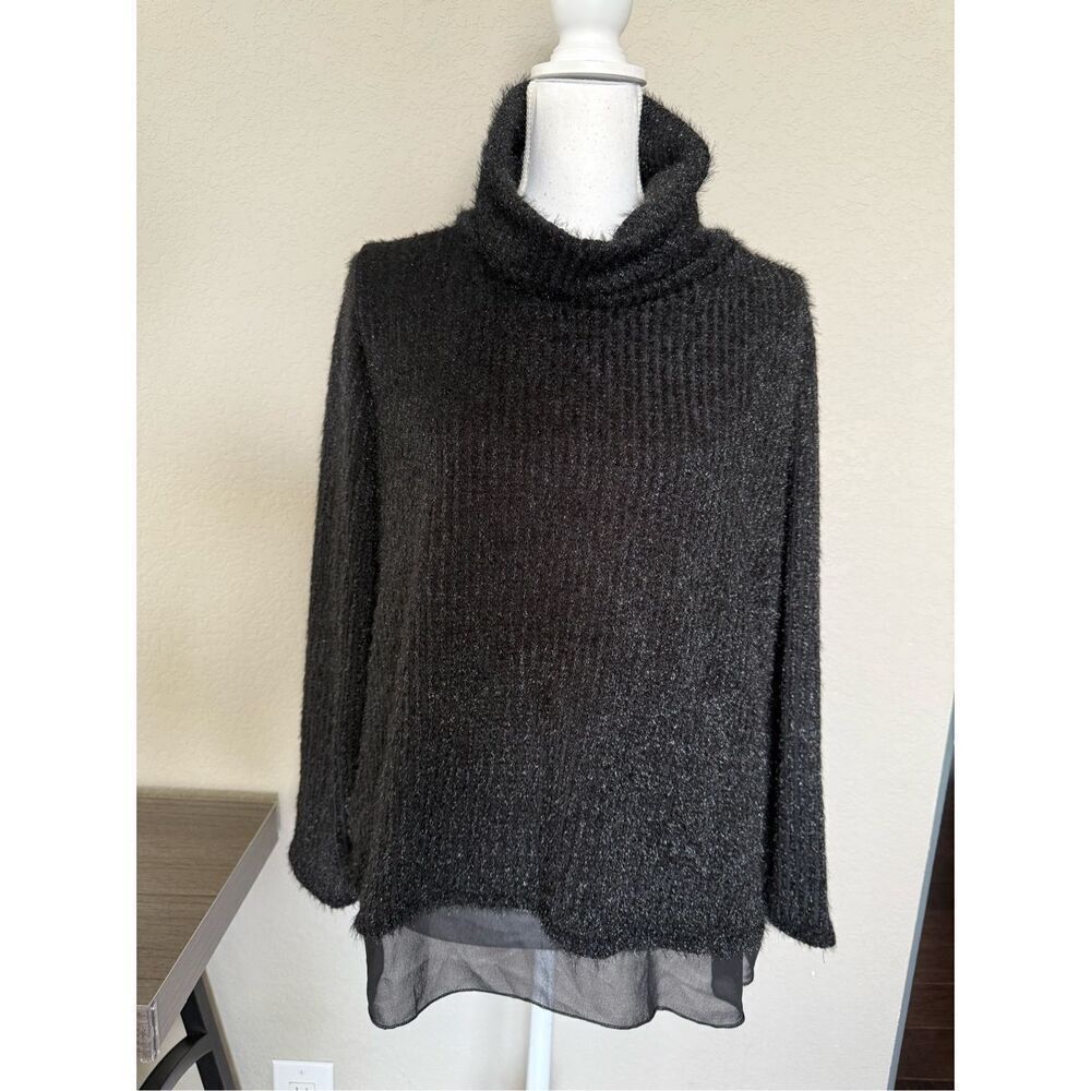 NWT XL Made in Italy Black Knitted Long Sleeve Long Hair Turtleneck Layered Hem